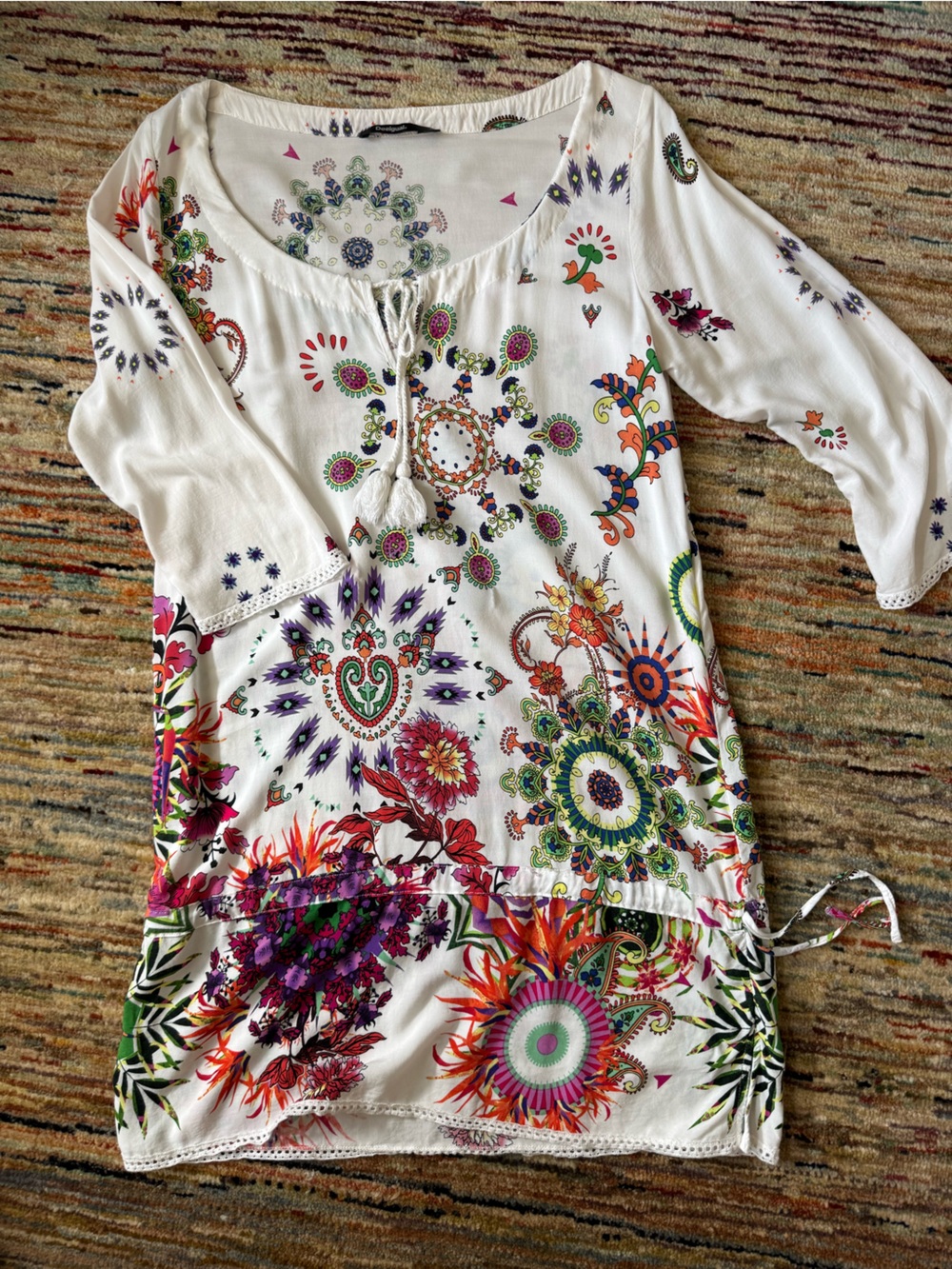 Desigual White Multicolor Boho Tie-Front Tunic
